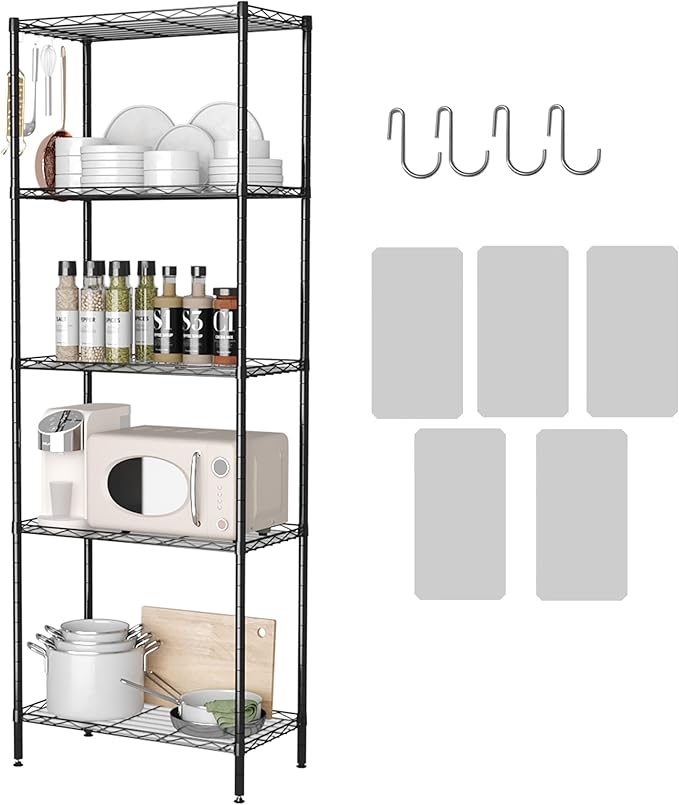 HOMEFORT 5-Shelving Unit, Adjustable Wire Shelving, Metal Wire Shelf Rack Organizer for Kitchen, Pantry, Closet, Bathroom, Laundry, Black,21" W x 11" D x 59" H