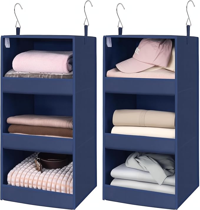 GRANNY SAYS 3-Shelf Closet Organizers and Storage, Foldable Hanging Closet Organizer, Closet Hanging Shelves with 2 Metal Hooks, Leak-Proof Hanging Organizer for Closet, Navy, 2-Pack-NeatNest