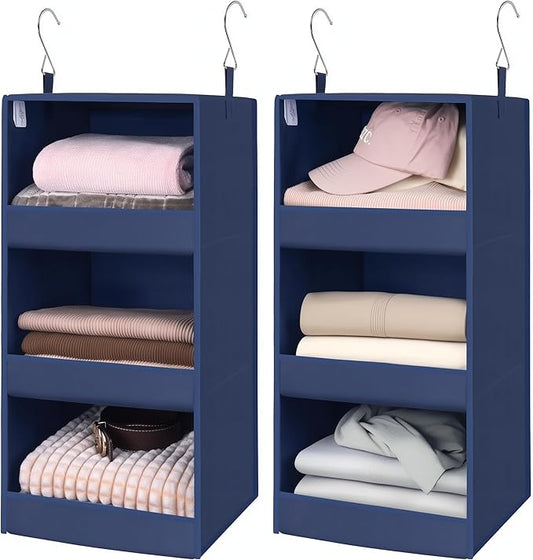 GRANNY SAYS 3-Shelf Closet Organizers and Storage, Foldable Hanging Closet Organizer, Closet Hanging Shelves with 2 Metal Hooks, Leak-Proof Hanging Organizer for Closet, Navy, 2-Pack-NeatNest