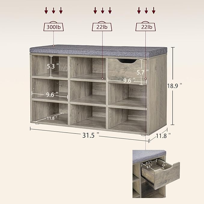 DINZI LVJ Shoe Bench, Entryway Storage Bench with Drawer and 8 Cubbies, Cubby Shoe Rack with Adjustable Shelves, Shoe Organizer Cabinet for Living Room, Bedroom, Mudroom, Closet and Garage, Grey Wash-NeatNest