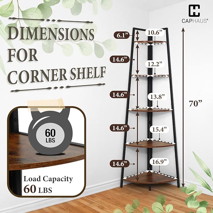 CAPHAUS Tall Corner Shelf Stand, 5-Tier Display Shelves, Ladder Corner Wood Storage Plant Bookshelf with Metal Frame, Versatile Shelving Unit Bookcase for Home Office Space, Rustic Oak-NeatNest