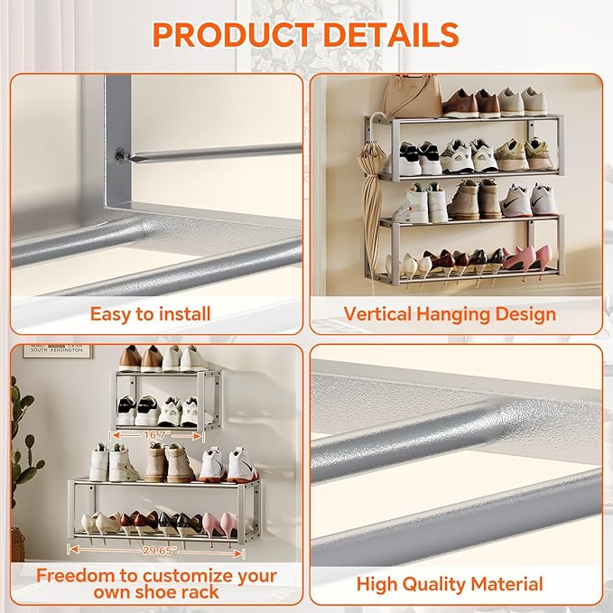 Homeiju Hanging Shoe Organizer,2 Pack Wall Mounted Shoe Rack Holds 12 Pairs,Space Saving Metal Wall Shoe Rack,Hanging Shoe Rack Shoe Holder for Small Space,Entryway,Closet,RV,Camper (Silver)-NeatNest