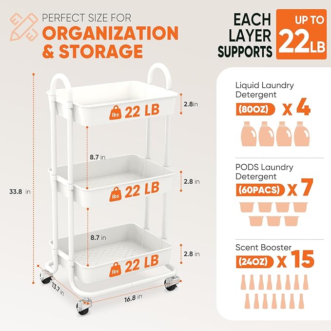 Sekey 3 Tier Rolling Cart Plastic, Easy Install Utility Cart on Wheels, Heavy Duty Storage Cart with Lockable Wheels for Baby Nursery, Bathroom, Kitchen, Laundry Room, White