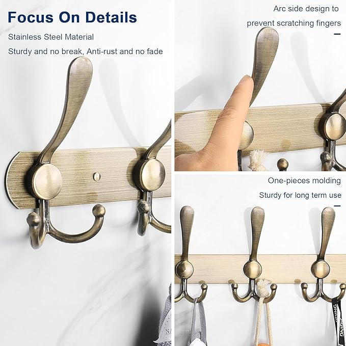 NearMoon Coat Rack Wall Mounted-2 Pack, Heavy Duty Bath Towel Hooks Stainless Steel Robe Hooks Holder, Metal Coat Hook for Towel Coat Hat Key Bathroom Bedroom Hotel Entryway (5 Hooks, Bronze)