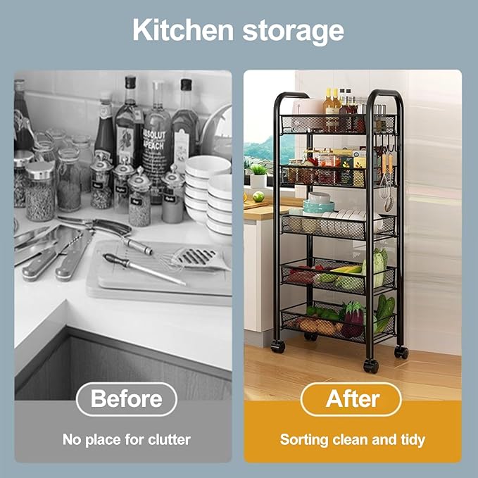 3/4/5 Tier Fruit Vegetable Basket, Stackable Metal Mesh Storage Basket with 360 Degree Wheels, Fruit Vegetable Produce Basket Storage Organizer for Kitchen, Pantry, Bathroom Black 5-Layers
