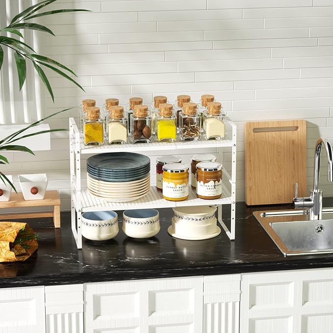 Cabinet Organizer Shelves,Expandable Spice Racks,Countertop Stackable Shelves Space Saving for Pantry,Counter,Under Sink,Inside Cabinet Storage,White,2 Packs-NeatNest