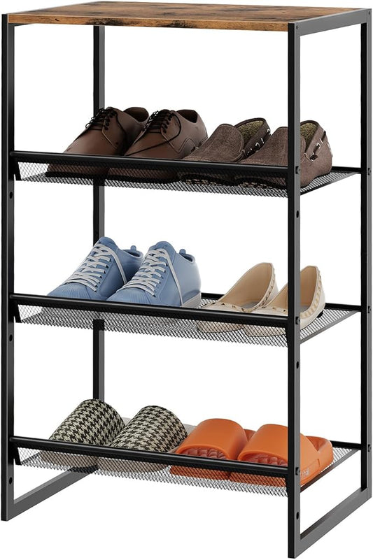 Garden 4 you 4 Tiers Narrow Shoe Rack,Small Space Freestanding Shoe Storage Organizer with Brown Wooden Tabletop,Adjustable Metal Shelf Stackable Shoe Shelf for Entryway Hallway Living Room Closet-NeatNest