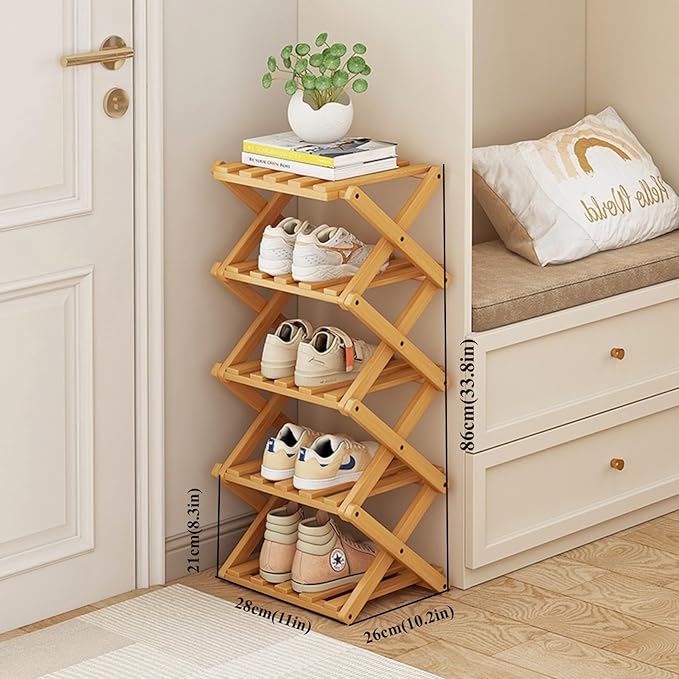 Shoe Rack, Bamboo Foldable Shoes Organizer Free Standing Shelf for Entryway, Closet, Bedroom, Hallway, | Natural | Functional | Multifunctional Shoe Rack (Wood Color) 5 Layers-NeatNest