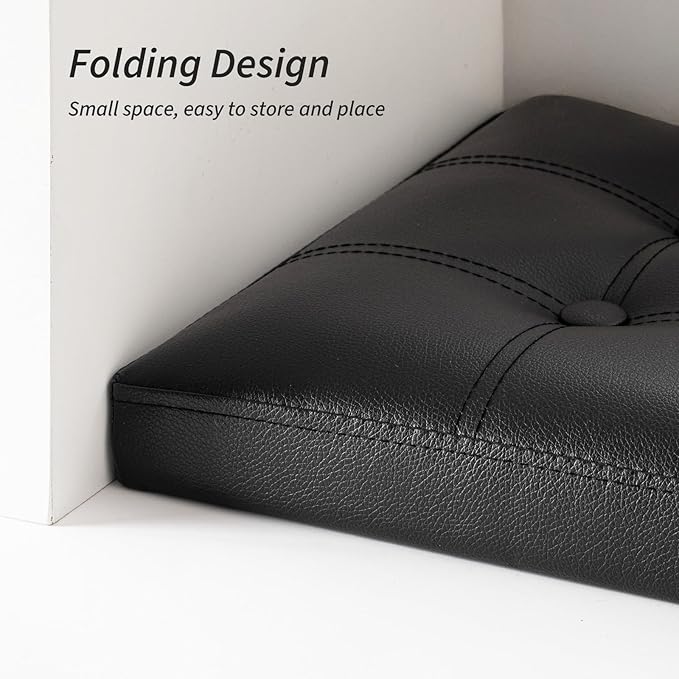 2 Pack Folding Storage Ottoman, 16 inch PU Leather Small Ottoman with Storage Foldable, Set of 2 Faux Leather Foot Stool Support 260lbs for Living Room, Bedroom, Hallway, Black