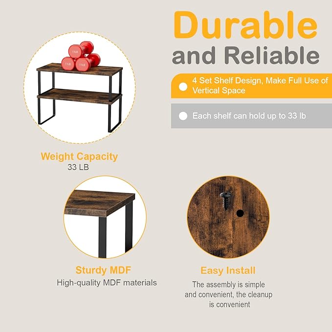 Cabinet Shelf Organizers, 15.7 inches Large Kitchen Counter Shelf, Set of 4 Wood Kitchen Pantry Organizer, Storage Shelves for Countertop, Spice Rack, Stackable, Expandable, Metal Black, Brown-NeatNest