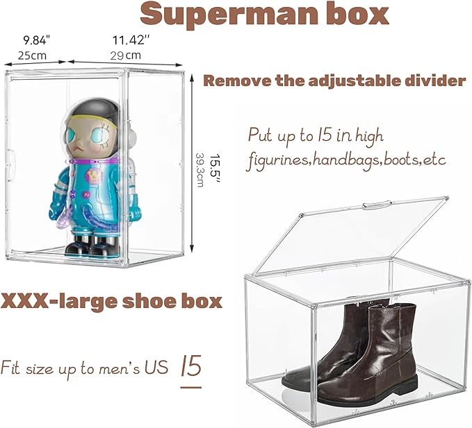Attelite XXX-Large Clear Display Case Stackable Plastic Storage Bins with Lid, 2 Tiers Boot Shoe Box Organizers with an Adjustable Divider, Big Acrylic Display Storage Box with Magnetic Door