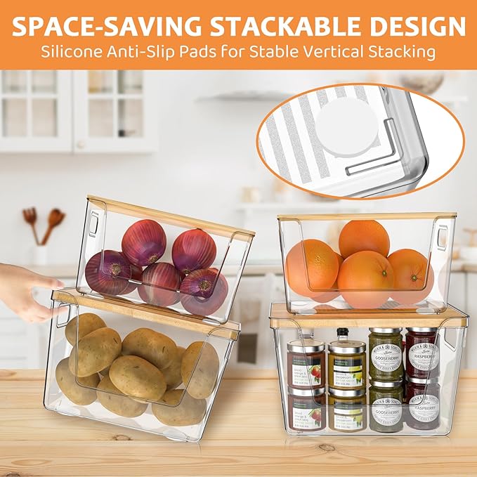 4 Pack Potato Storage with Lids – Front Open Kitchen Pantry Organizer and Storage, Stackable Storage Bins for Onion, Garlic, Fruit, Produce, Vegetable