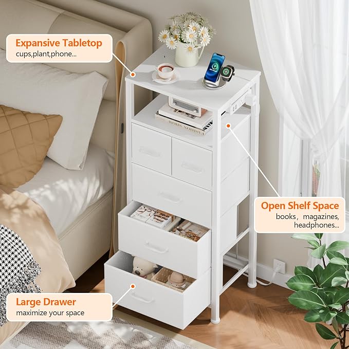 Furnulem Dresser for Bedroom, Tall Nightstand, Vertical Chest with Wood Top, Charging Station, LED Lights, 5 Fabric Bins, Bedside Table with Shelf, Furniture for Entryway (5 Drawer, White)