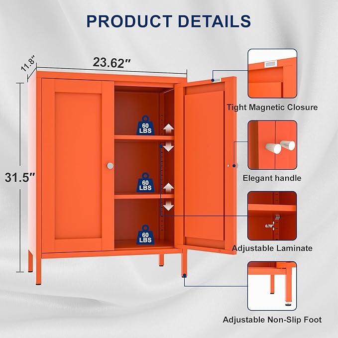 Coffee Bar Cabinet, Metal Sideboard Buffet Cabinet,Metal Storage Cabinet with 2 Doors and Adjustable Shelves for Kitchen Dining Room Living Room, Entryway,Office (Orange, 31.5" H)-NeatNest