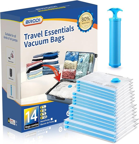 Travel Vacuum Bags with Pump - Compression Bags for Travel,Vacuum Storage Bags for Space Saver & Travel Essentials,Vacuum Seal Bags for Clothing,Travel Vacuum Bags for Luggage(14 Combo Pack)-NeatNest