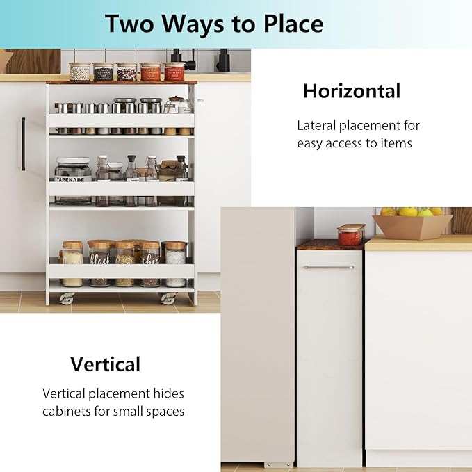 POWERSTONE 4-Tier Slim Storage Cart, Narrow Kitchen Rolling Cart w/Handle & Open Shelves, Skinny Slide Out Utility Organizer Trolley for Kitchen Bathroom Laundry Small Spaces White & Rustic Brown