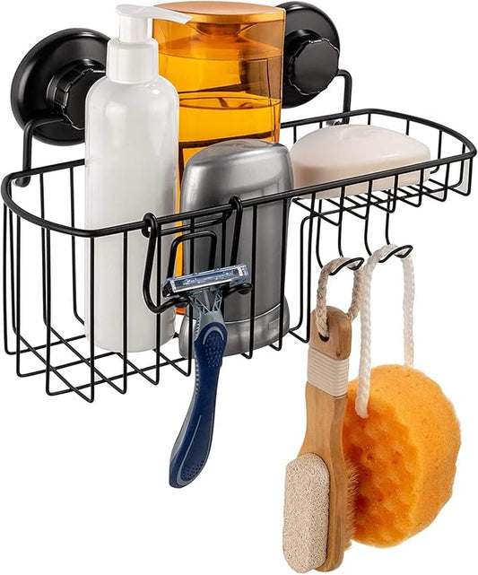 HASKO Shower Caddy Suction Cup, Shower Shelf with Soap Dish and Hooks Organizer, Suction Bathroom Shelf for Storage, Wall Mounted Basket, Black