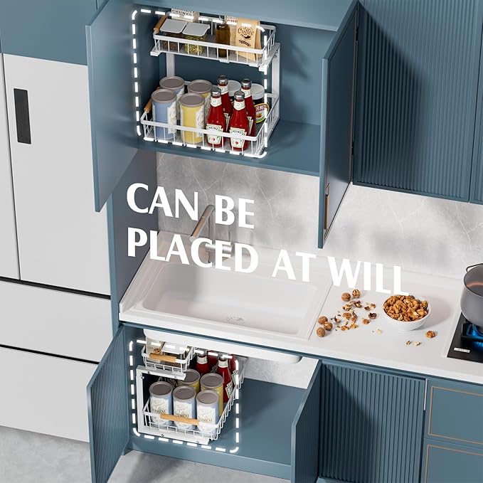 2 Pack Under Sink Organizers and Storage, Height Adjustable Cabinet Organizer Pull Out Drawer, 2 Tier Metal Under Kitchen Bathroom Sink Organizer, White, VF-JT01-WH-NeatNest