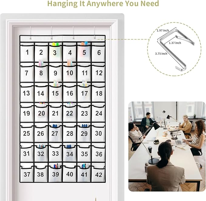 42 Pockets Numbered Classroom Pocket Chart for Cell Phones, Hanging Pocket Chart Storage for Classroom Phone Calculator Holder with 4 Hooks and 42 Clear Numbers Printing (White-42pockets)-NeatNest