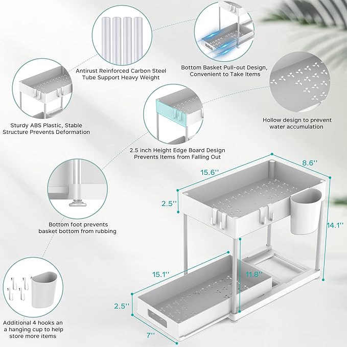 Under Sink Organizers and Storage, 2 Pack Large Capacity Heavy Load Pull-out Under Sink Shelves with Sliding Drawer for Kitchen and Bathroom, White-NeatNest