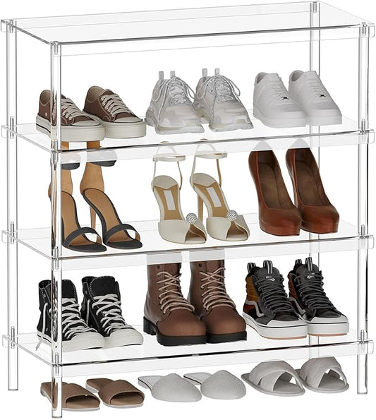 Aquiver 4-Tier Acrylic Shoe Rack - Shoe Rack Organizer - Modern Shoe Storage Shelf, Holds 12-16 Pairs of Shoes for Entryway, Closet - 25.6'' L x 11.8'' W x 28.3'' H, Clear, Easy Assembly & Clean-NeatNest