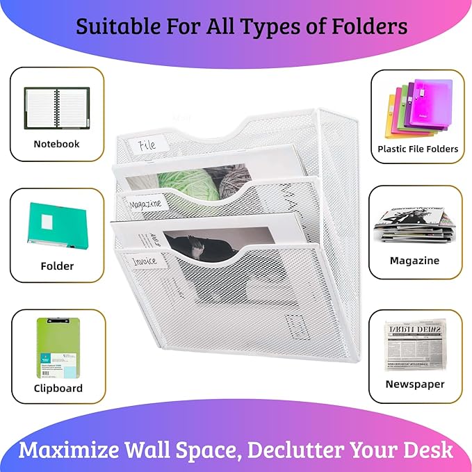 3 Pocket Wall File Holder Organizer, Mesh Hanging Wall Mounted Document Paper Folder Filing Magazine Rack with Nametag Label for Office Home School, 3 Tier White