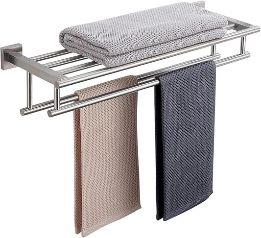 Bathroom Towel Rack 24 Inch Tower Holder with Double Towel Bar Brushed Nickel Towel Rack Wall Mounted SUS304 Stainless Steel Hotel Towel Shelf Modern Towel Hanger