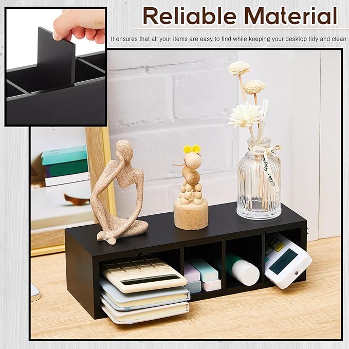 Jetec Wooden Pencil Holder 5 Compartments for Desk Adjustable Pen Holder Wood Office Desk Organizers and Accessories Makeup Brush Organizer for Pen, Home, Office and Art Supplies(Black)-NeatNest