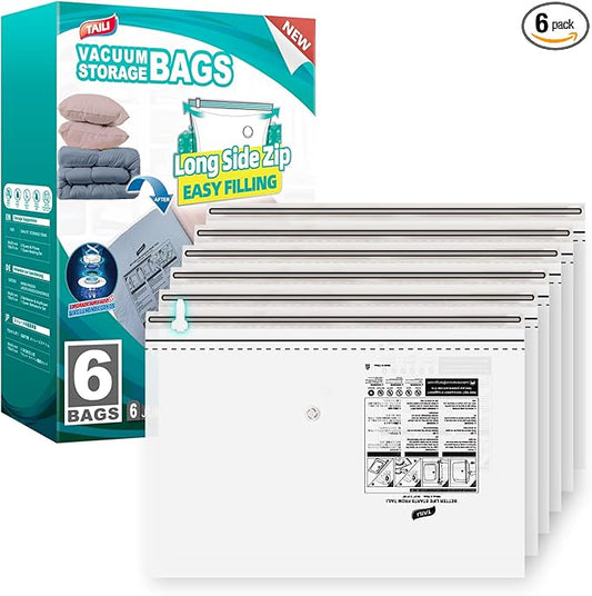 TAILI 6 Pack Jumbo Vacuum Storage Bags, LONG SIDE ZIP (40x28 inch), Space Saver for Bedding, Blankets, Pillows, Clothes, Vacuum Seal Bags for Clothing Ideal Under Bed Storage Solution-NeatNest