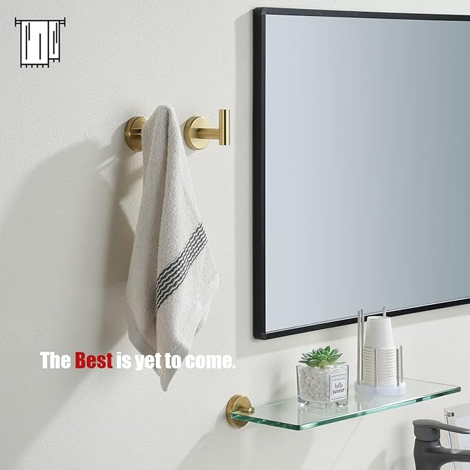 JQK Bathroom Towel Hook Brushed Gold, Brass Coat Robe Clothes Hook for Bathroom Kitchen Garage Wall Mounted (Pack of 4), SUS 304 Stainless Steel 0.8mm, TH100-BG-P4-NeatNest