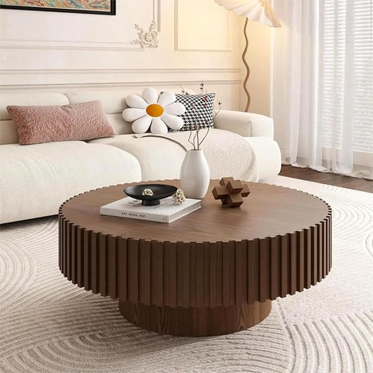 KEVINSPACE Coffee Table Round Small Coffee Tables for Living Room, Modern Mid Century Wood Walnut Wood Drum Fluted Circle Accent Center Fluted Brown Easy Assembly ø31.5''