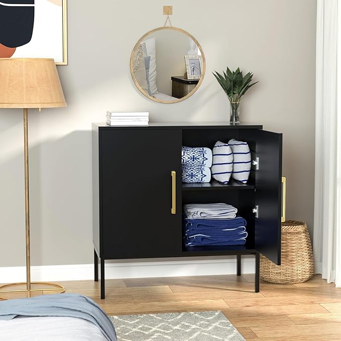 JOZZBY Buffet Sideboard Cabinet with Storage, Modern Wooden Cabinet with Adjustable Shelves, Black and Gold Cabinets for Living Room, Kitchen, Hallway
