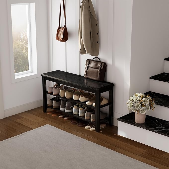 Wood Shoe Rack Bench for Entryway, 2 Tier Shoe Rack for Front Door Entrance, Shoe Bench with Shoe Storage for Entryway, Bedroom, 31.5"-NeatNest