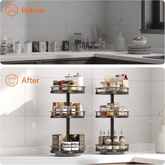 HOOBRO Lazy Susan Organizer, Rotating Spice Rack, 3-Tier Organizer, Turntable Spice Rack, Vertical Storage Organizer, for Kitchen Countertop, Vanity, Dining Table, Black BB09TL01-NeatNest