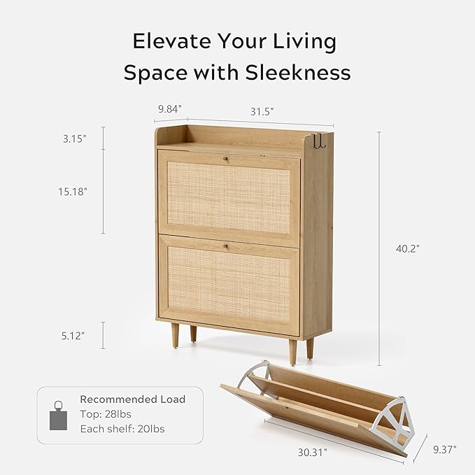 Rattan Shoe Cabinet with 2 Flip Drawers, Mid Century Modern Shoe Organizer, Boho Wooden Hidden Slim Narrow Shoe Rack Cabinet for Entryway, Hallway, Natural Oak-NeatNest