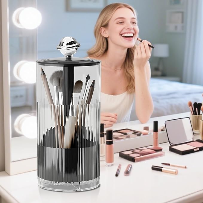Makeup Brush Holder [Upgrade] with One Touch Open,Makeup Organizer Countertop with Dustproof Lid,Clear Makeup Organizers for Vanity, Desktop, Bathroom (Black)-NeatNest