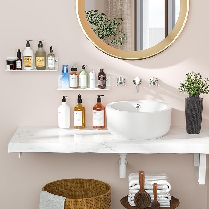 12 Inches White Acrylic Wall Shelves Set of 2, Wall Mounted Shelves for Plants, Speaker, Camera, Toiletries, Spice Jars, Coffee, Candles, Shoes, 2 Pack-NeatNest