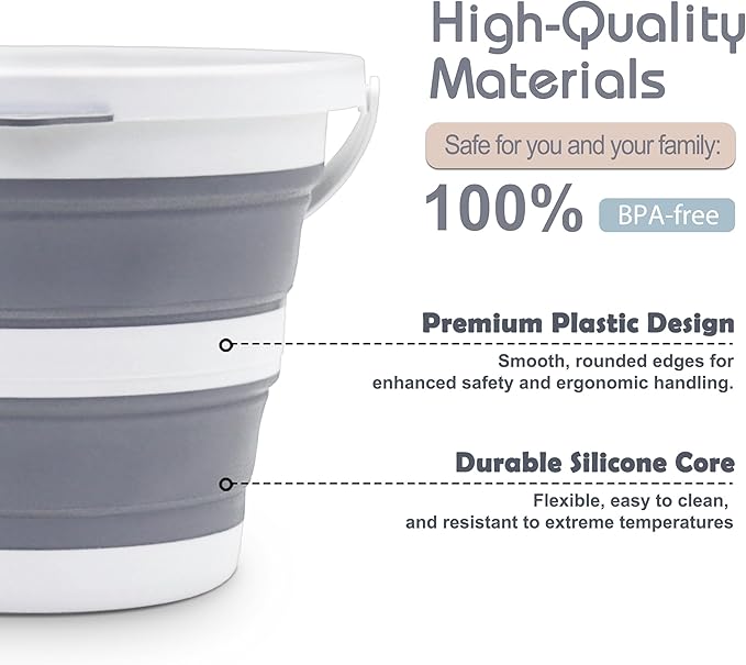 2-Pack Small Collapsible Bucket 1.3 Gal/5L, BPA-Free - Space-Efficient, Portable Foldable Water Pail for Household, Outdoor Use, Car Wash, Camping, Fishing - Duo Colors Grey & Blue