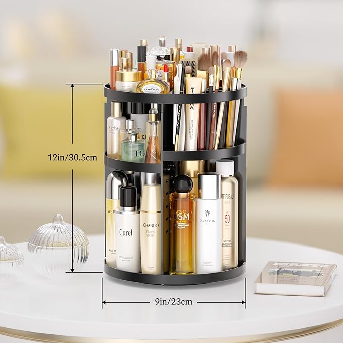 Makeup Organizer 360 rotating, Adjustable Skincare Organizers with Brush Holder, Cosmetics Display Cases for Vanity Bathroom Countertop Large Capacity Carousel Make up Caddy Shelf (Black)-NeatNest