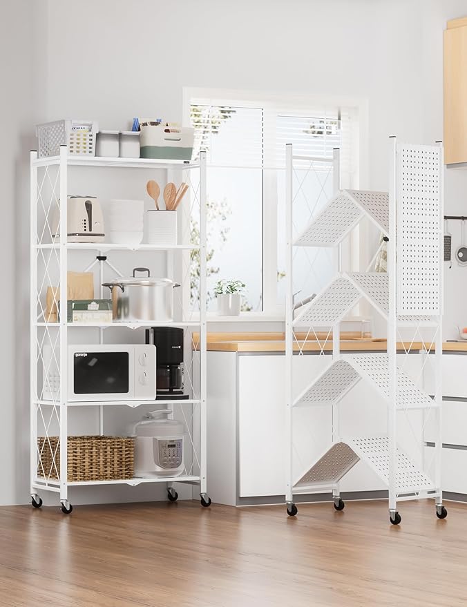 ALANNG 70.7" H Metal Storage Shelves, 5 Tier Folding Shelf on Wheels, Heavy Duty, No Assembly, Rolling, Collapsible Rack Unit for Kitchen, Basement, Pantry (White,2 Pack)