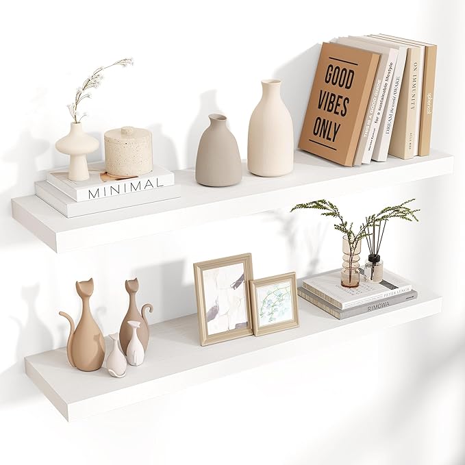 Floating Shelves for Wall, 36"W x 7.8"D x 1.5"H, 2 Pack of Long Wall Mounted Engineered Wood Shelves with Invisible Brackets for Living Room, Bedroom, Bathroom, Kitchen Decor and Storage, White-NeatNest