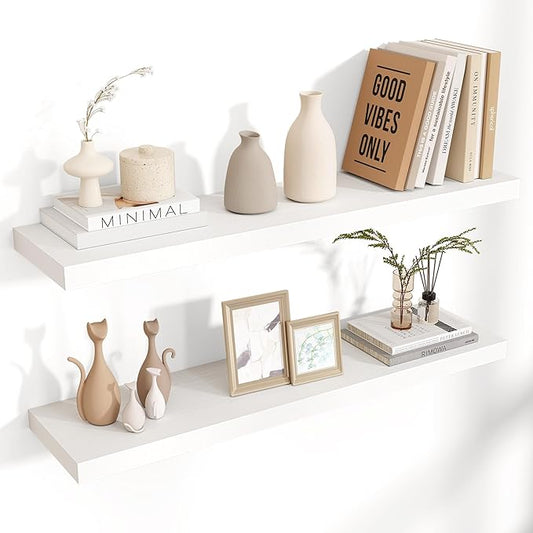 Floating Shelves for Wall, 36"W x 7.8"D x 1.5"H, 2 Pack of Long Wall Mounted Engineered Wood Shelves with Invisible Brackets for Living Room, Bedroom, Bathroom, Kitchen Decor and Storage, White-NeatNest
