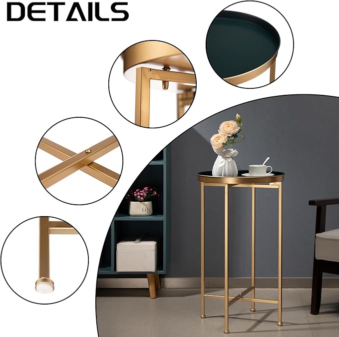 HollyHOME Small Round Metal Waterproof End Table, Accent Indoor&Outdoor Coffee Side Table, Snack Sofa Table for Living Room, Anti-Rust Decorative Plant Stand, (D) 14.5" x (H) 25", Gold&Navy Blue-NeatNest