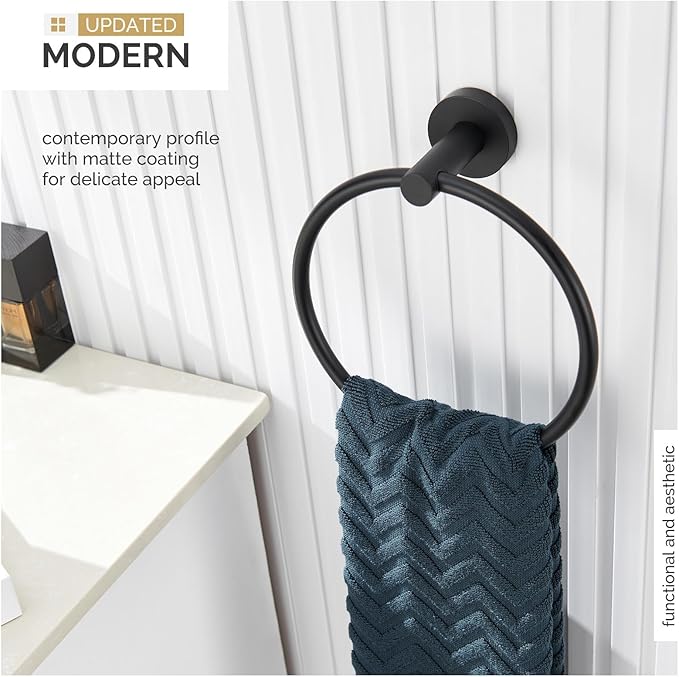 Towel Ring Matte Black, Angle Simple Stainless Steel Bathroom Hand Towel Rack, Wall Mounted Face Towel Holder