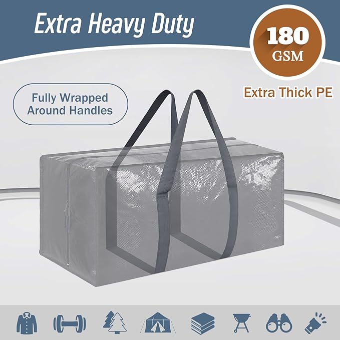 12 Pack Extra Heavy Duty Large Moving Bags with Strong Zipper & Comfortable Handles, Sturdy & Durable Clothes Storage Bags Totes Bins, Packing Moving Boxes for College Supplies, Gray-NeatNest