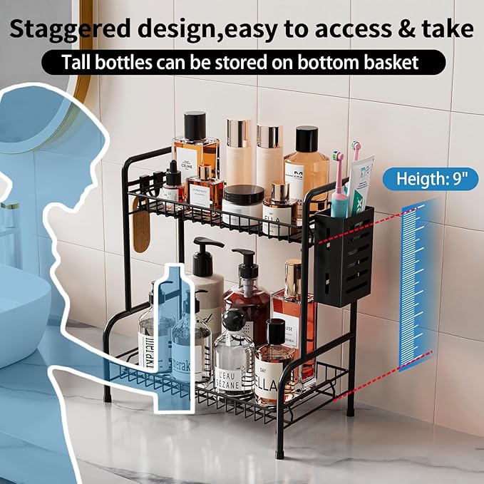 Bathroom Countertop Organizer With Toiletries Basket, 2 Tier Bathroom Counter Storage Rack with Adjustable Feetpad, No-Screw Caddy Stand for Vanity, Sturdy Metal Wire Black, Medium 12.8''L x 7.2''W