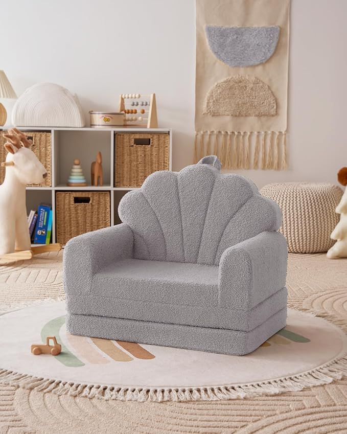 Blissful Diary Foldable Toddler Couch, 2-in-1 Comfy Toddler Chair & Lounger for Reading, Nap, Playroom, Kids Couch Sofa for 1 2 3+ Year Old Girls Boys Baby Birthday Gift, Gray Shell-NeatNest