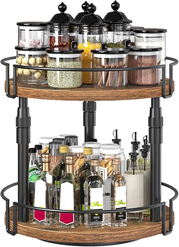 HOOBRO Lazy Susan Organizer Spice Rack, 2-Tier Height Adjustable Rotating Lazy Turntable Spice Organizer, for Kitchen Countertop and Cabinet, Rustic Brown BF05TL01-NeatNest