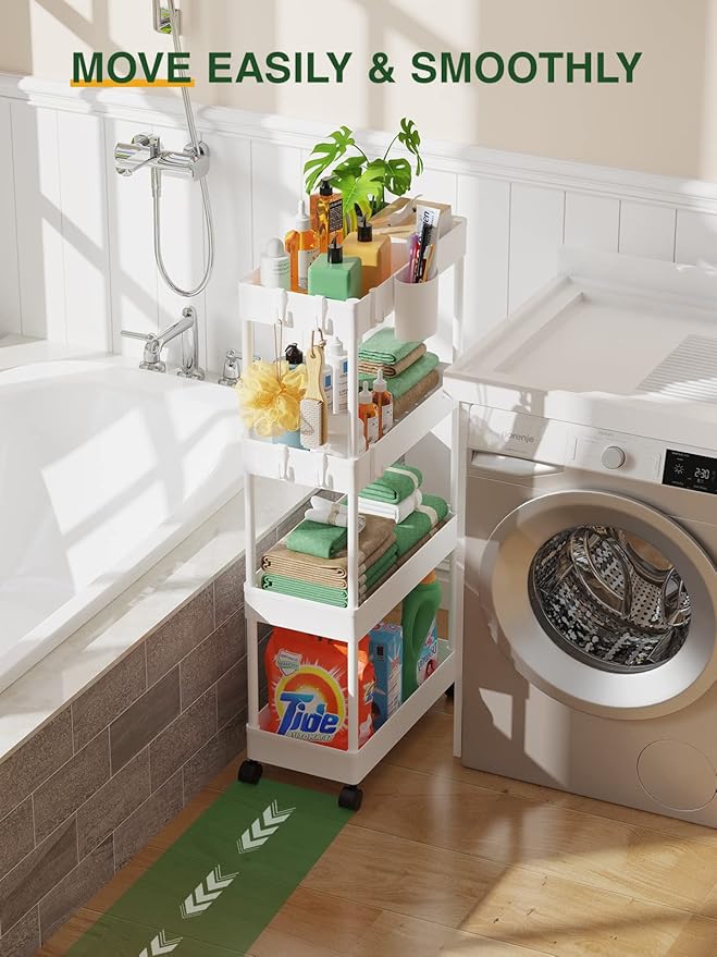 LEHOM Slim Rolling Storage Cart - 4 Tiers Bathroom Organizer Utility Cart Slide Out Storage Shelves Mobile Shelving Unit for Kitchen, Bedroom, Office, Laundry Room, Small Narrow Spaces (Pear White)