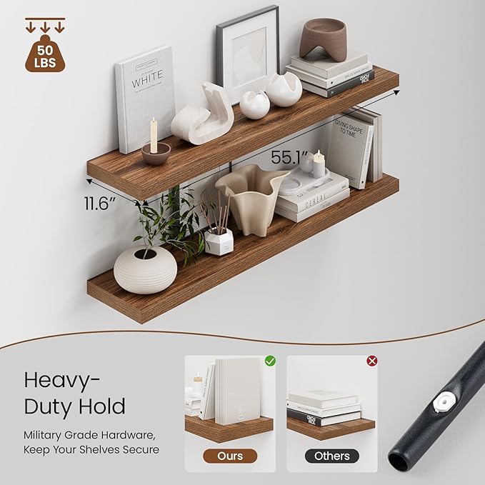 Heimlove 12 Inch Deep Floating Shelves, 55 x 12 inch Extra Long Floating Shelves for Wall, Large Display Shelf & Storage Shelf for Living Room Bedroom Kitchen Home Office, Set of 2, Walnut-NeatNest
